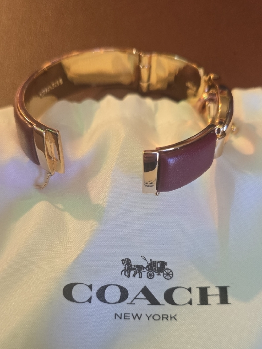Coach Gold-Tone and Maroon Leather Horsebit Charm Bracelet - Picture 2 of 5
